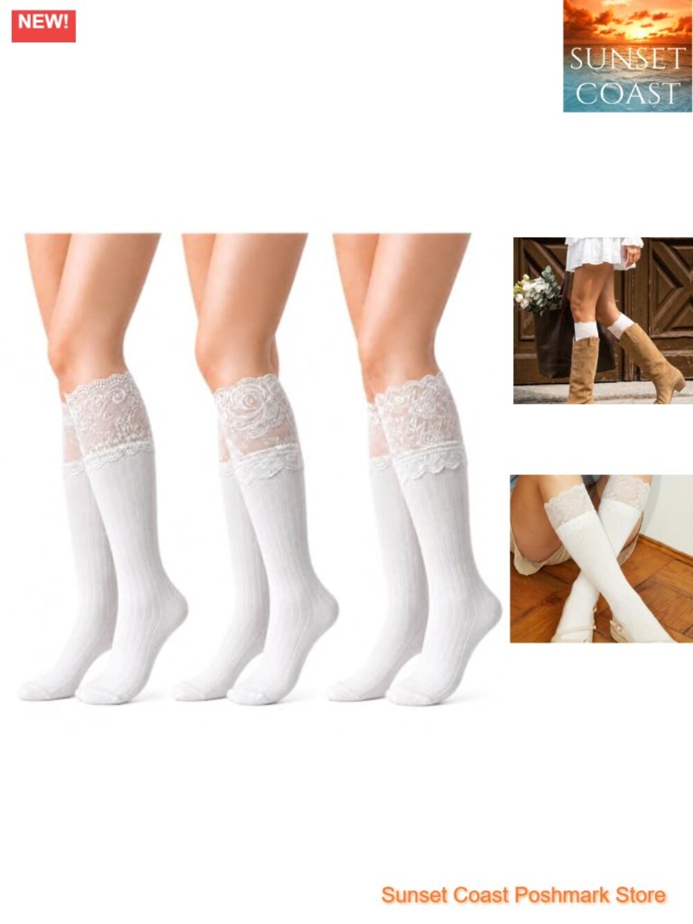 Knee High Socks 3 Pairs Lace Cuff Cotton Blend Women's US 5-8